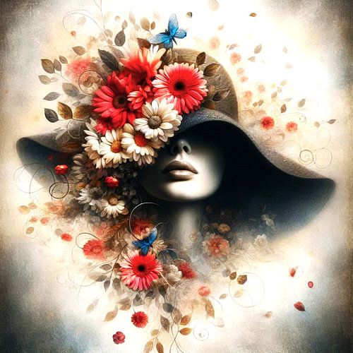 portret van een vrouw met een hoed en bloemen