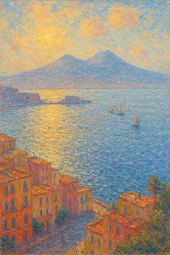 Naples Bay Mount Vesuvius Sunset – Claude Monet Style Impressionist Seascape