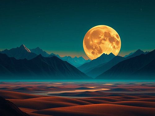 Een serene nacht boven mystieke woestijnpieken en glinsterend water