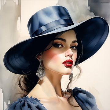 Donkerharige dame met blauwe hoed en jurk - aquarelportret van A.D. Digital ART