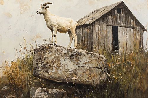 Geit op rots bij schuur