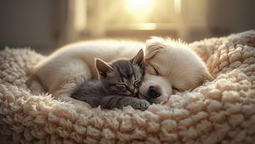 Puppy and kitten sleep together