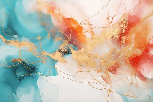 Energetische Abstractie – Turquoise, Rood en Goud in Beweging