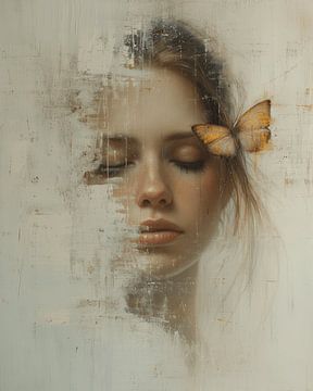 Modernes und abstraktes Porträt einer jungen Frau mit einem Schmetterling von Carla Van Iersel