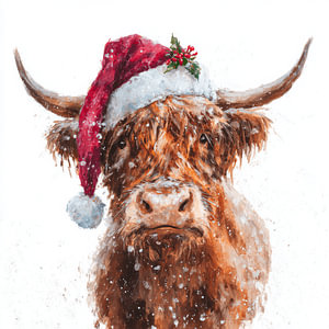 Schottische Highlander-Kuh Weihnachtsgruß im Winterlicht