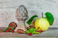 Herfststilleven met voedsel, kweepeer fruit, rode rozenbottels, bladeren van Alex Winter thumbnail