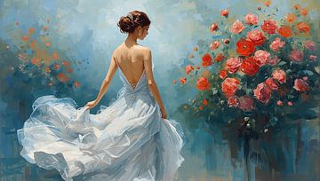 Elegant woman in a white backless dress by Bo Valentino