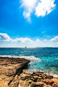 Prachtig zeezicht met zeilboot aan de blauwe zee horizon van Alex Winter