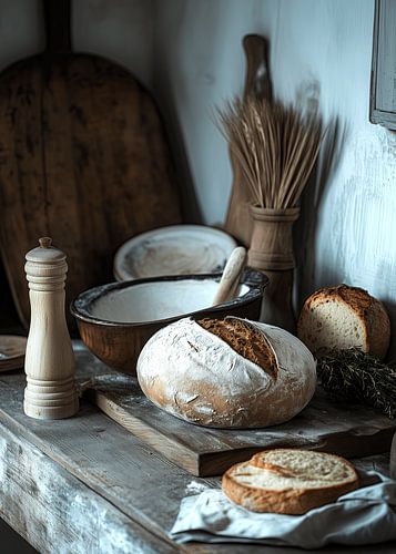 Vers gebakken brood op een rustieke houten tafel