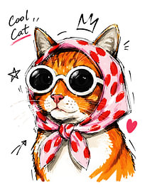 Coole Katze mit Sonnenbrille und gepunktetem Kopftuch „ & “ – Lustige handgezeichnete Illustration von Ramy Salah Hefny