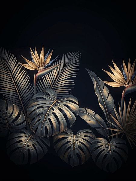 Dunkle Dschungel Monstera Tropische Botanische Nacht Kunst von coretan tangan