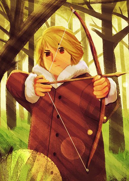 Mann hält Pfeil im Wald von Artkreator