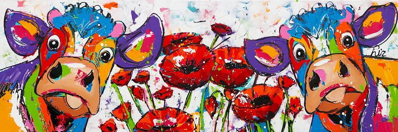 2 Kühe und Rosen | Panorama von Vrolijk Schilderij