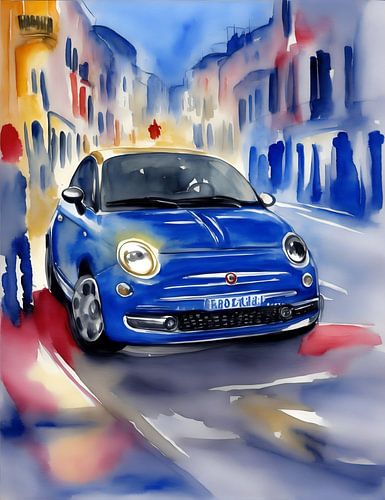 De kleine vriend, een blauwe Fiat 500