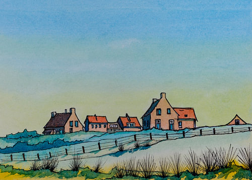 Häuser am Vuurtorenweg auf Texel | De Cocksdorp | Handgemaltes Aquarell von WatercolorWall