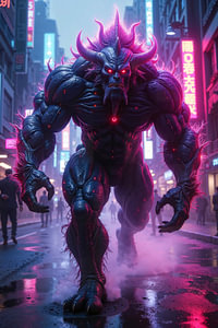 Fantasy Cyberpunk Wandbild: NEON MONSTER - Ein Ungeheuer stampft durch die Straßen von Tokio