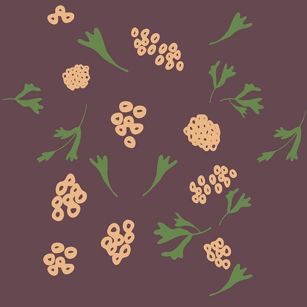Flower market. Modern botanical art in green, yellow, chocolate brown by Dina Dankers