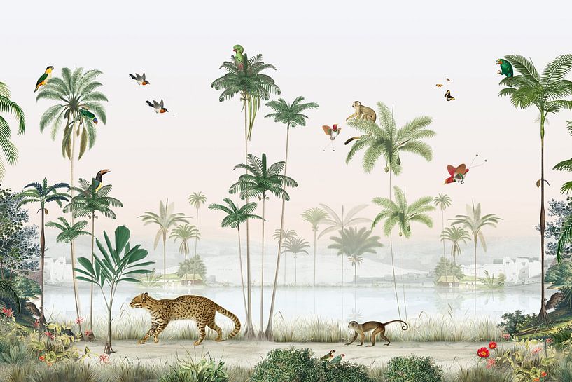 Tropical jungle with palm trees and exotic animals by Mrdododesign