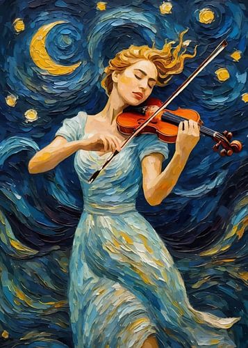 Vrouw speelt viool in sterrennacht