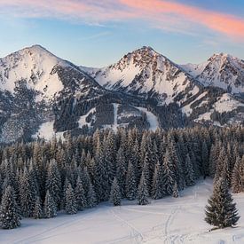 Panoramic picture of the Tannheimer Tal in winter at sunrise. by Daniel Pahmeier