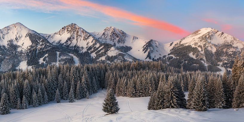 Panoramic picture of the Tannheimer Tal in winter at sunrise. by Daniel Pahmeier