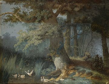 Duck pond in a forest with two hunters, Knip, Josephus Augustus by Teylers Museum