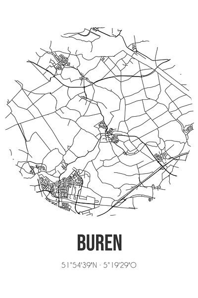 Buren (Gelderland) | Karte | Schwarz und weiß von Ortsdrucke