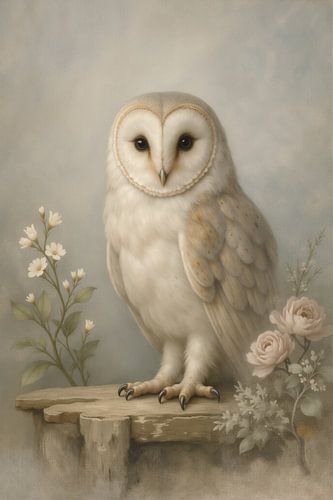 Soft Silence – witte uil met bloemen in rustige stijl