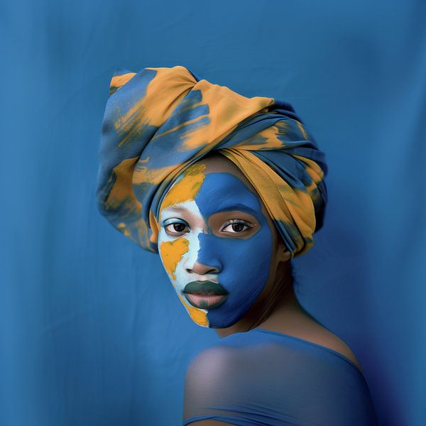 Intrigante femme au visage bleu et jaune et au turban par Glitzy Fusion Frames