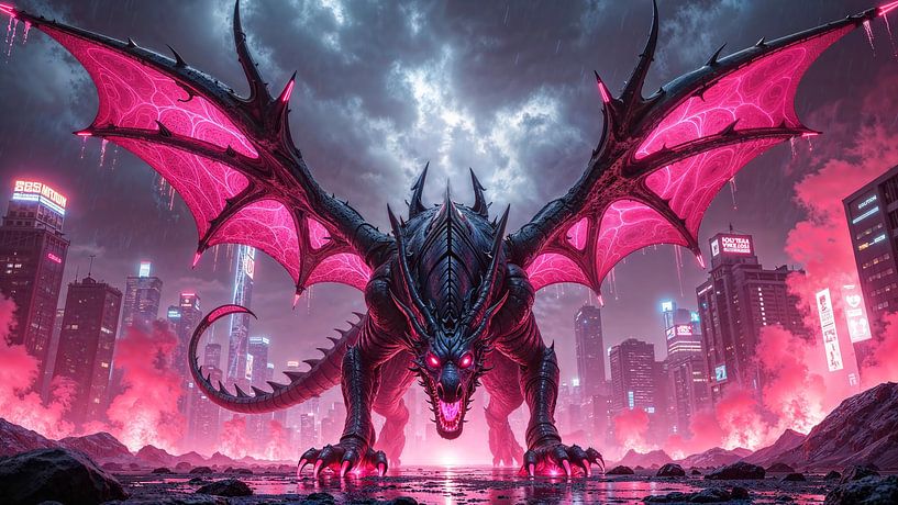 NEON DRAGON: The Mighty Dragon Dominates the Cyberpunk City by INFERAURUM