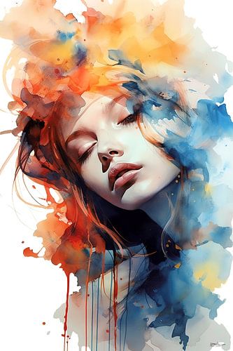 Abstraktes Aquarell eines Mädchens/einer Frau.
