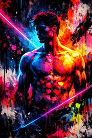 Dynamisme urbain aux couleurs fluo – Portrait expressif d'un homme dans un style street art moderne sur ButterflyPix
