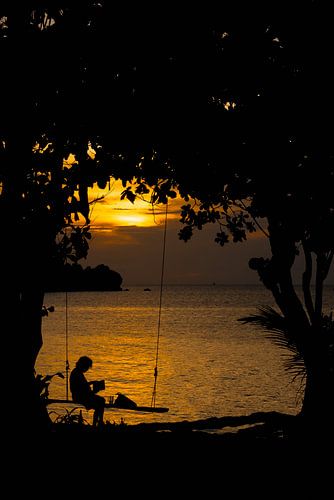 Femme sur la balançoire au coucher du soleil