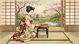 Eine anmutige Geisha genießt ihren Tee in einem blühenden japanischen Garten, einer Oase der Ruhe von my pixel art