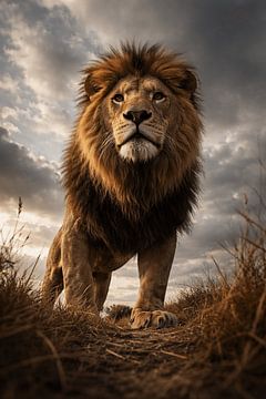 Le roi de la savane – un lion majestueux dans la lumière puissante du soir, sous un ciel africain spectaculaire.