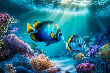 Onderwater scène met tropische vissen.