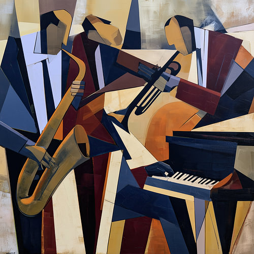 Cubist jazz musicians: saxophone, trumpet and piano