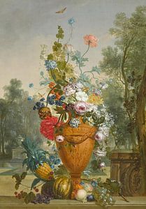 Een vaas met pioenen, chrysanten en een anjer met exotische vruchten in een tuin, Jacobus Linthorst