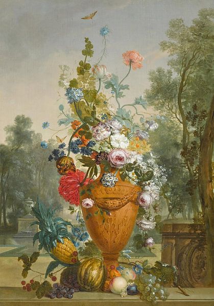 Een vaas met pioenen, chrysanten en een anjer met exotische vruchten in een tuin, Jacobus Linthorst van Meesterlijcke Meesters