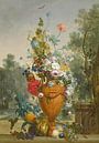 Een vaas met pioenen, chrysanten en een anjer met exotische vruchten in een tuin, Jacobus Linthorst van Meesterlijcke Meesters thumbnail