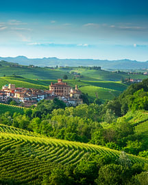 Das Dorf Barolo und das Schloss in den Weinbergen der Langhe, Piemont, Italien