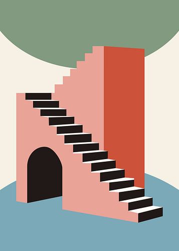 Minimalistische, geometrische architecturale trappen, bogen en abstracte vormen in pastelkleuren.