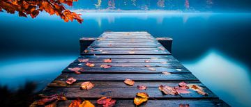 Herfst loopbrug op rustig water van Poster Art Shop