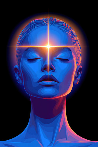 Le troisième œil du cosmos - Portrait psychédélique moderne d'une femme avec une aura néon