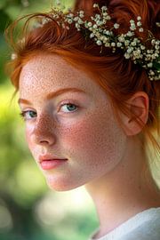 Beauté rouge avec couronne de fleurs sur Poster Art Shop