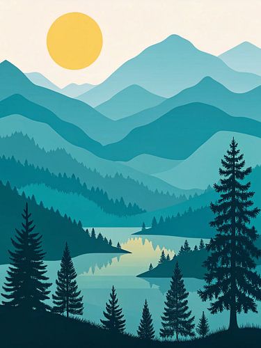 Gelaagd bergmeerlandschap met gloed van zonsondergang