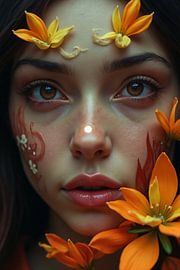 Bloemenfluistering – Vrouwelijk Portret met Witte en Oranje Bloemen van Kleurenrijk