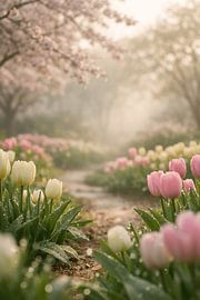 Dreamy tulip path in soft morning mist – romantic spring nature wall decoration by Design Wall Arts