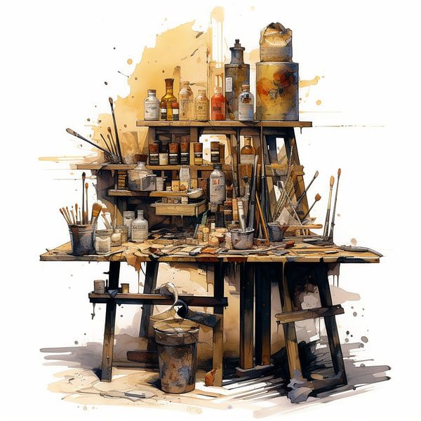 Arbeitsplatz Maler Chaos Atelier Vision Traumwelt Kunst von gm_designs