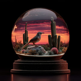 Cactus et oiseau sous un ciel rouge dans une boule de verre$ sur TheXclusive Art